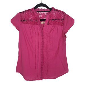 Bit & Bridle Button Front Top Medium Womens Cap Sleeve Pink Lace Western Shirt